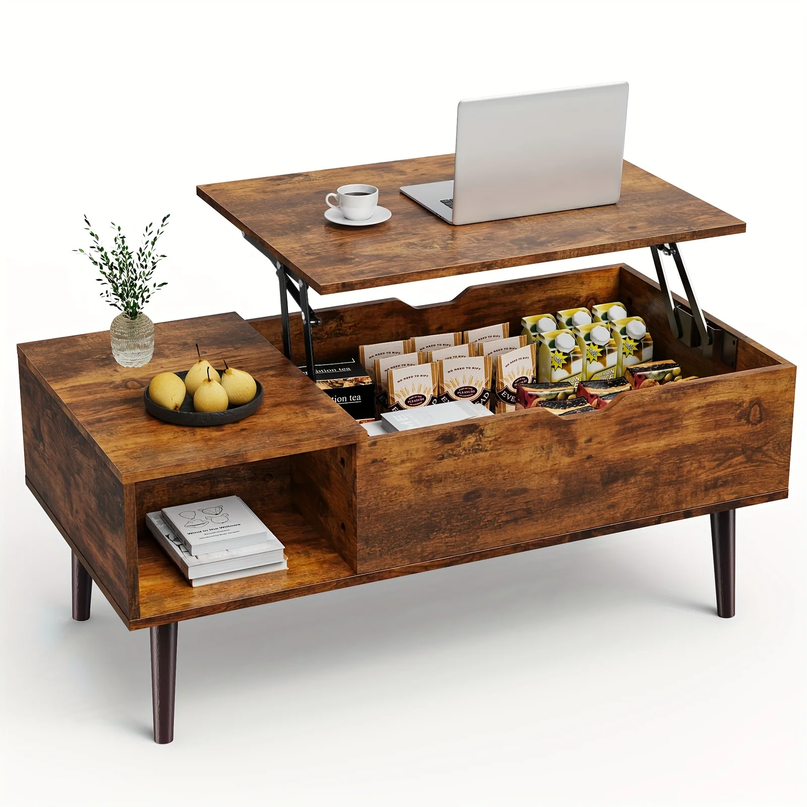 Vintage Lift Top Coffee Table with Hidden Storage, Adjustable Shelf, Durable Wood Construction,