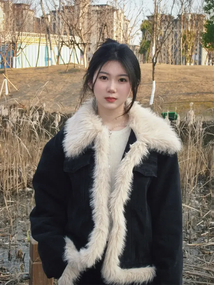 Cowboy Splicing Fury Thickened Cotton Jacket for Women Autumn