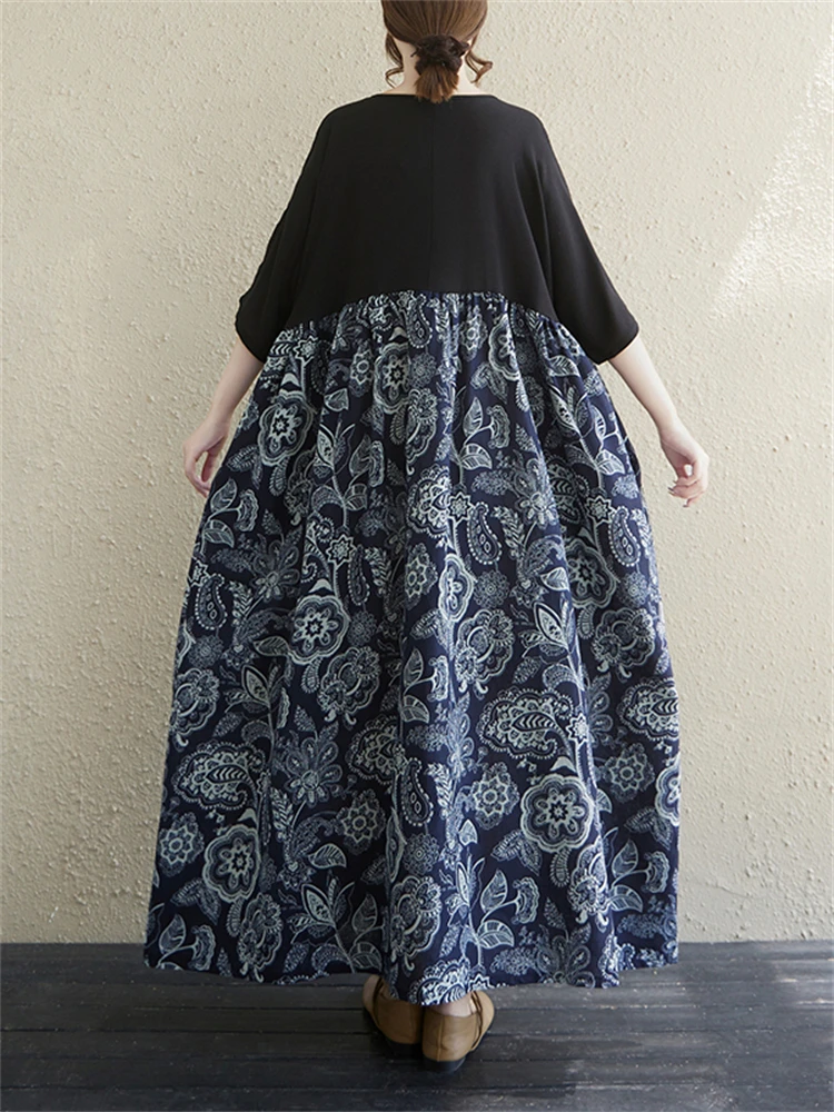 Summer Cotton Vintage Casual Loose Print Dresses For Women Short Sleeve Dress Femme Vestidos Office Lady Elegant Long Clothing