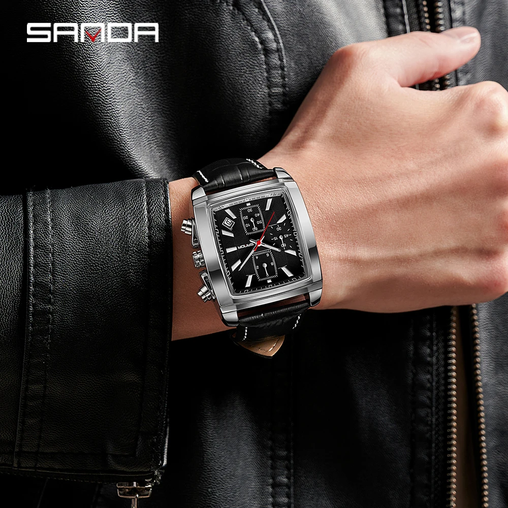 SANDA Men's Business Analog Chronograph Luminous Rectangle Quartz Watch with Stylish Leather Strap for Sport & Work Wristwatch