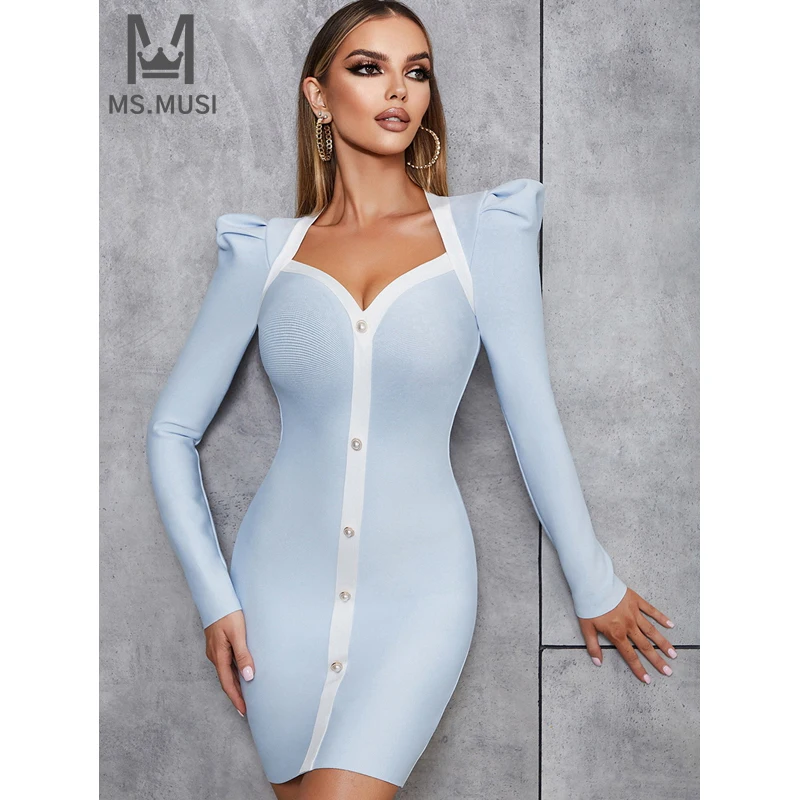 

MSMUSI 2024 New Fashion Women Sexy V Neck Button Patchwork Long Sleeve Bandage Bodycon Party Club Event Slim Mini Dress Vestidos