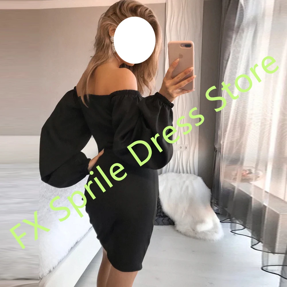 Customized Black V-Neck Straight Long Sleeves Cocktail Dress Sexy Above Knee Length Jersey Made for Woman Vestido
