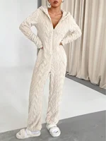 European and American fashion women's solid color wool hooded long sleeve deep V sexy jumpsuit