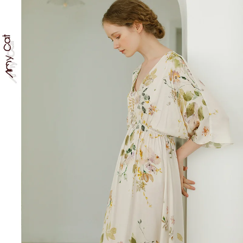 NEW Summer Women Sleep Dress V-Neck Pajamas Print Vintage Elegant Lightgowns Sleepwear High Quality Clothing
