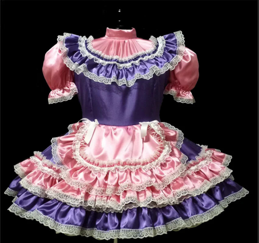 

French Hot Selling Sissy Adult Pink Satin Splice Purple Mid Neck Lace Lace Embedding Sexy Bowtie Maid Dress Role Playing Customi