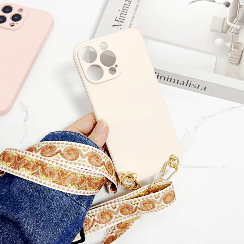 Luxury Gold Silk Retro Crossbody Lanyard Phone Case with Cord Strap