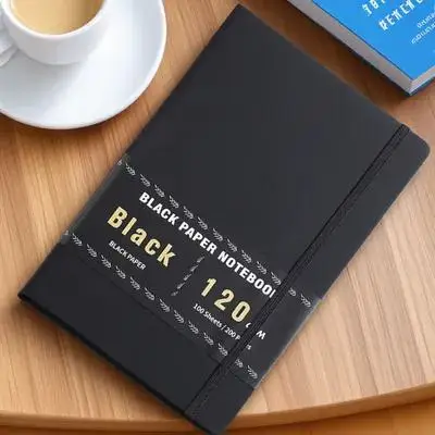 Quaderno di carta nera 200 pagine A5 Copertina in PU Carta spessa Quaderno nero per schizzi di appunti per prendere penne bianche - immagine 6