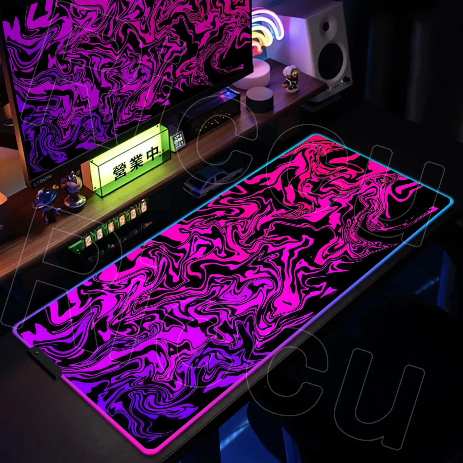 Enhanced RGB XXL Black and White Strata LED Desk Mat - Oversized Liquid Fluid Mousepad