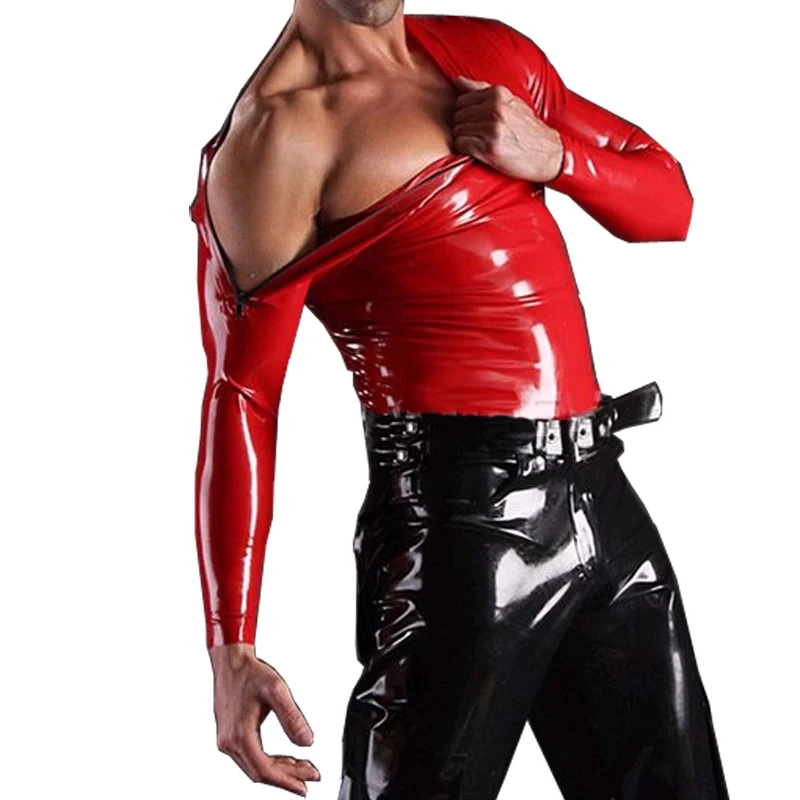 

Sexy Red Natural Latex Men Shirts Rubber T-shirts With Two Shoulder Zips Handmade Costumes S-LSM029