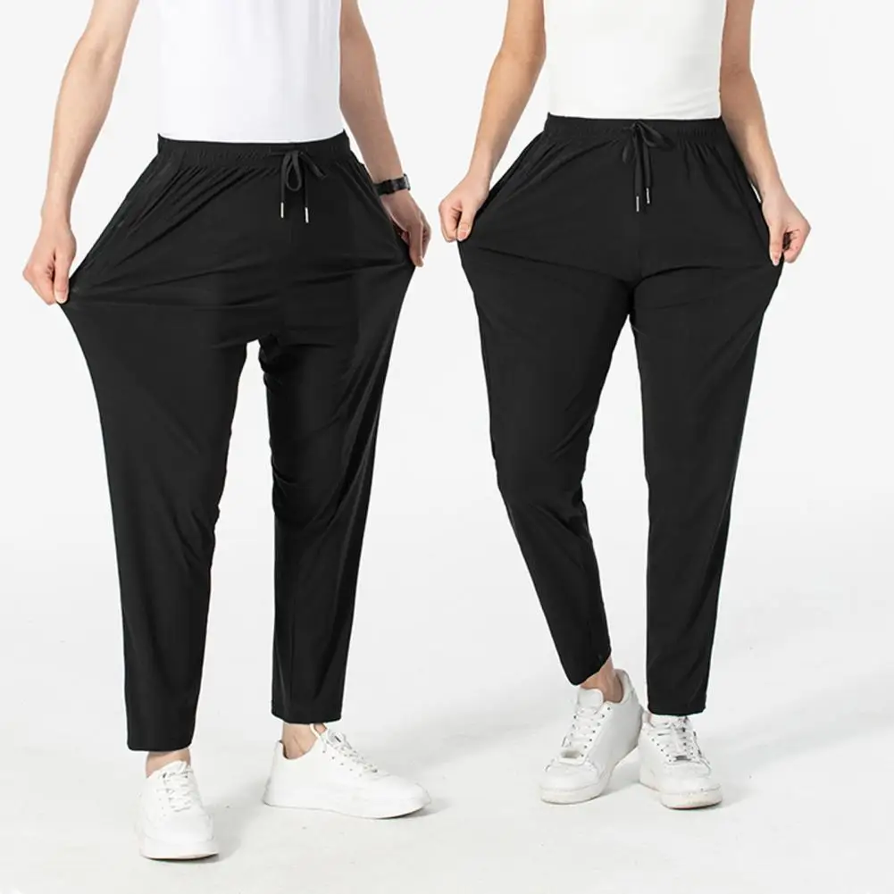 Youthful Adult Trousers Ice Silk Unisex Pants with Side Pockets Drawstring Waist for Gym Training Jogging Quick Dry Solid Color