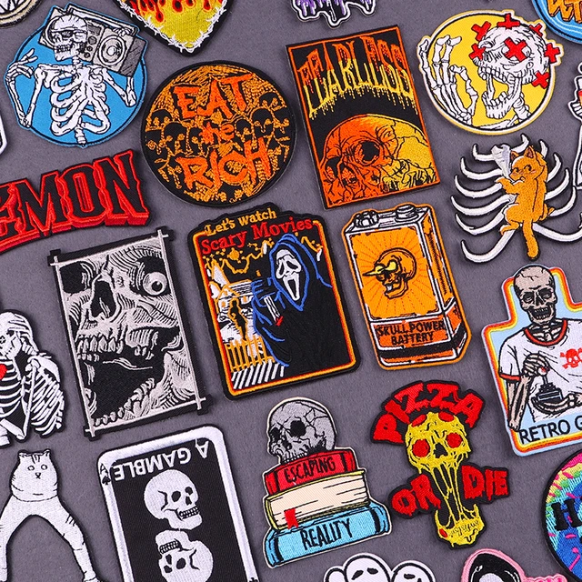 Patch de crâne d'horreur brodé pour vêtements, fer sur patchs, rock, punk,  fantôme, autocollants à