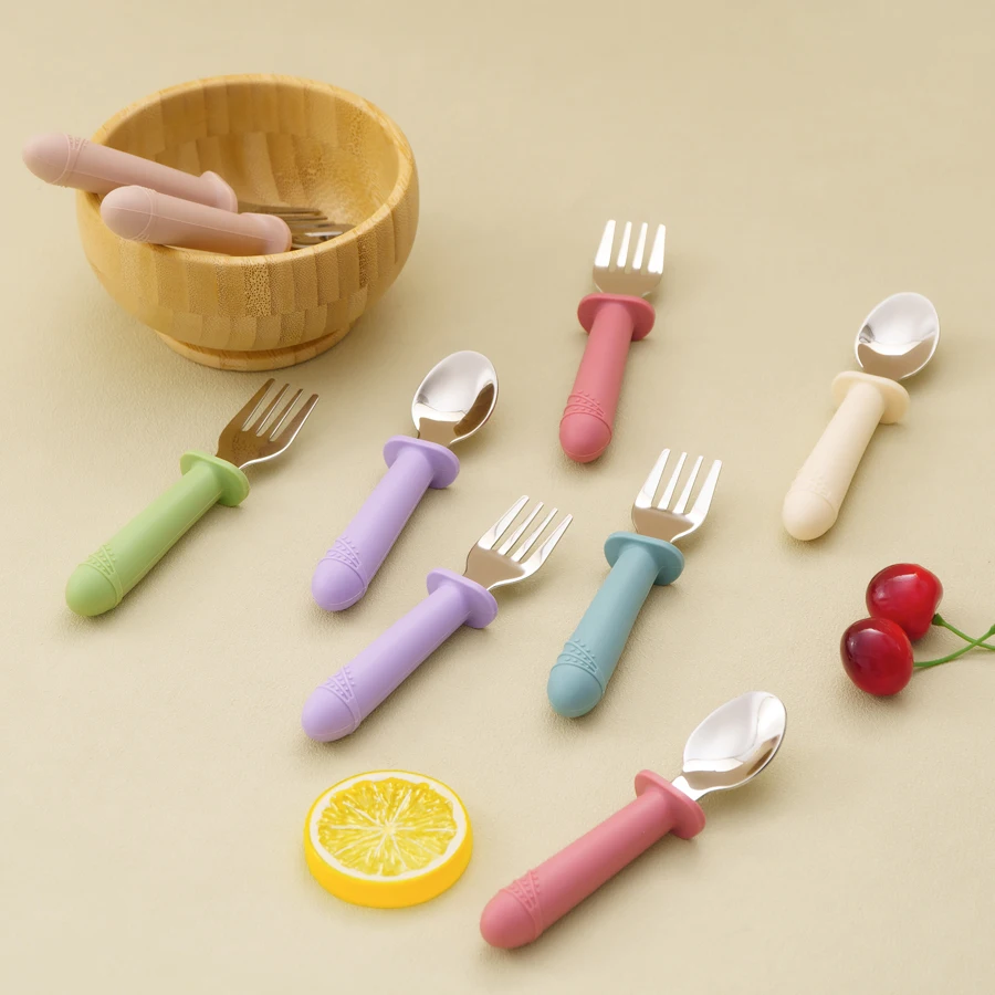 New Toddler Utensils Toddler Feeding Spoon And Fork Set Stainless Steel Solid Color Handle Utensil Training Spoon Baby Stuff 2