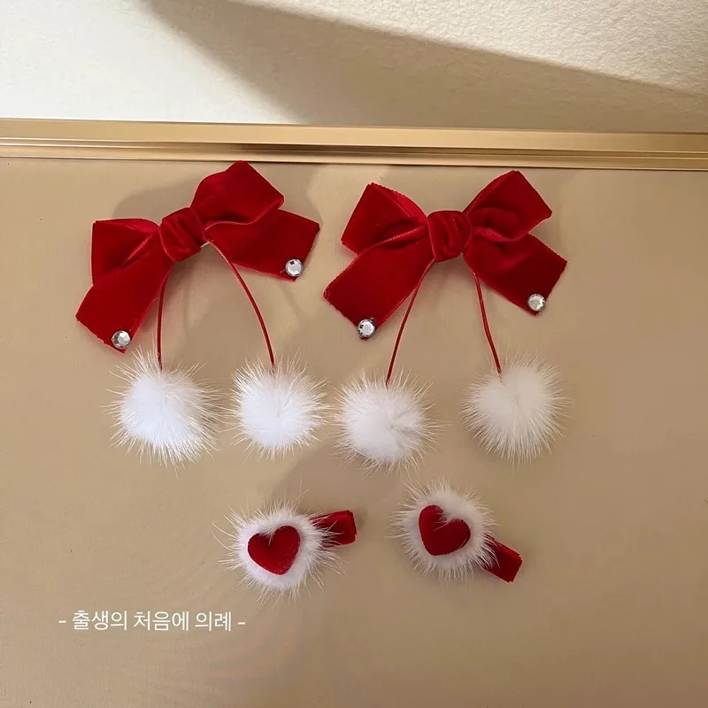 여아용 빨간 리본 헤어 클립 귀여운 하트 공주 머리핀 어린이 겨울 한국 스타일 달콤한 헤어 액세서리 새해 어린이용 액세서리