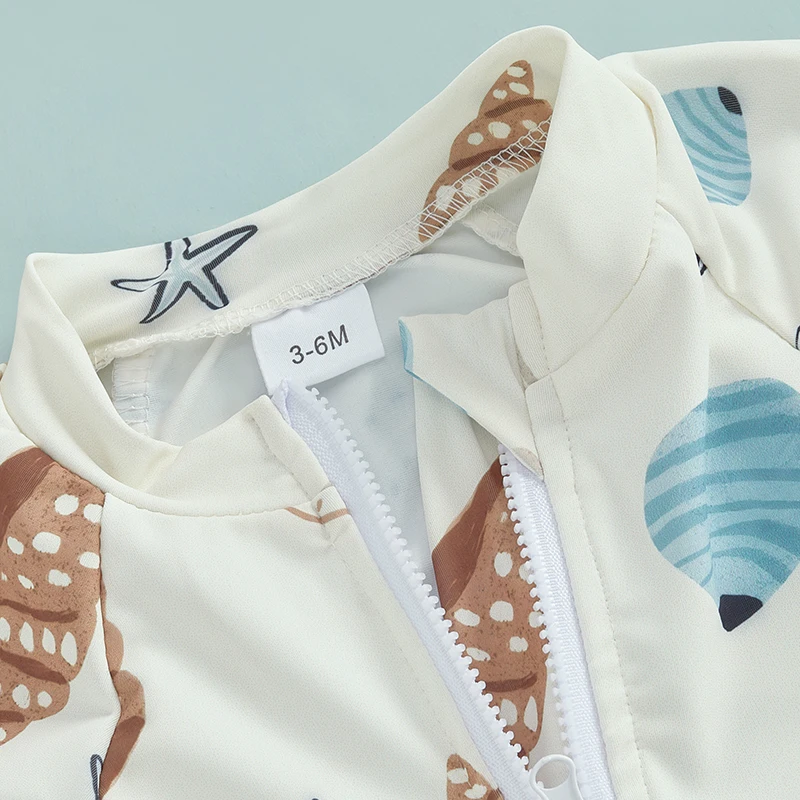 Toddler Boys Rash Guard Swimsuit Playsuits Seashell Print Zipper Short Sleeve Sun Protection Bathing Suit with Swim Cap