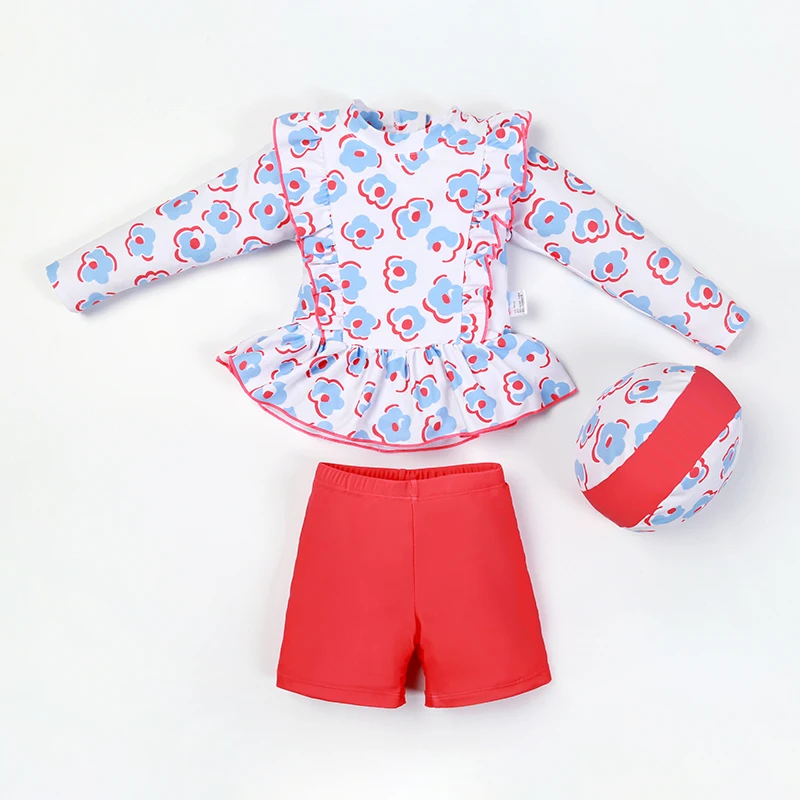 

3 Pieces Set Long Sleeve Shorts Bathing Cap 2022 Lovely Children Swimsuit Sunscreen Quick Drying Swimming Suit Girls Swimwear