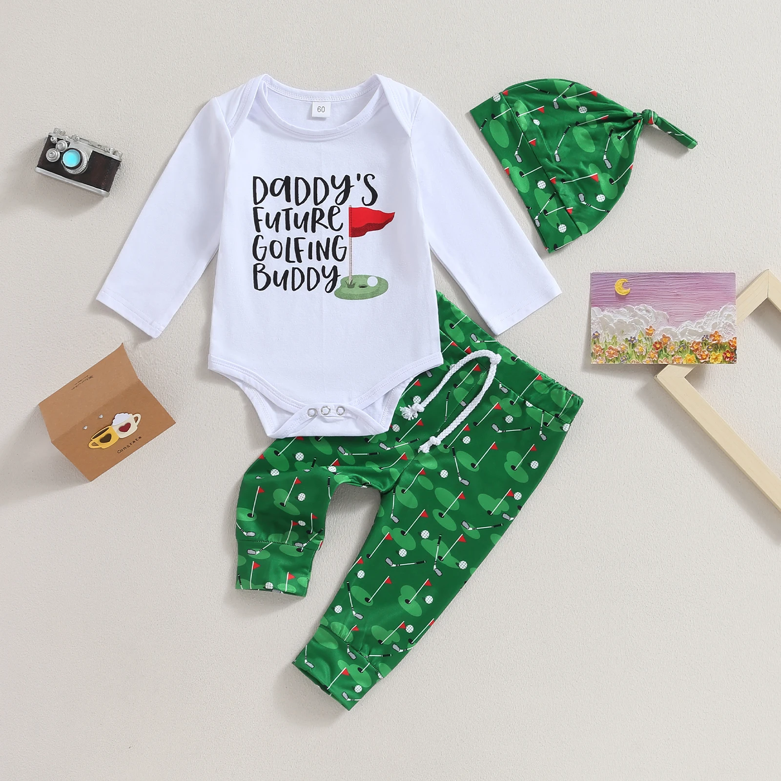 3PCS Baby Romper & Green Pants Set 1