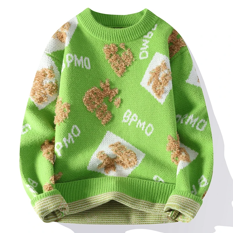 Mink Fleece 2023 Autumn and Winter Men's Pullover Round Neck Printed Letter Fashion Loose Sweater Knitted Long Sleeved Tops