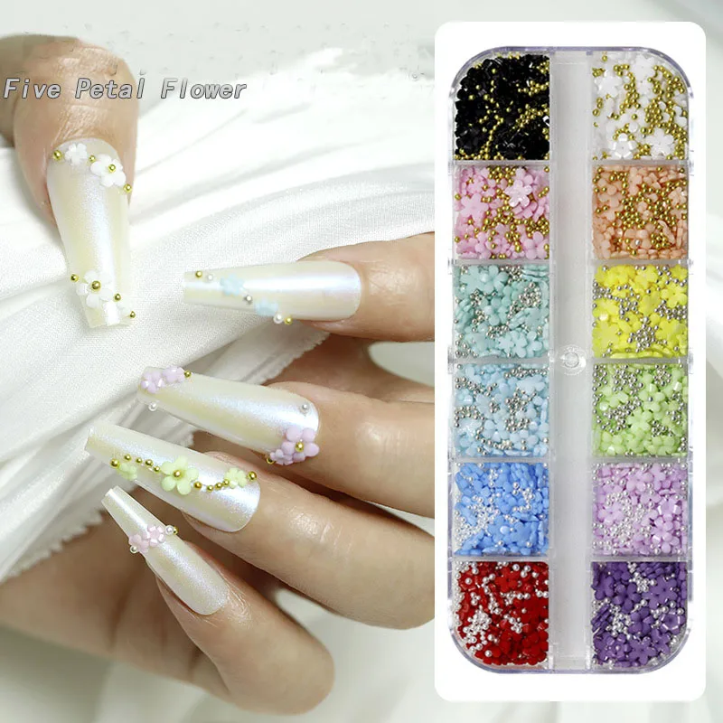 

12 Grids Colorful Resin Flower Steel Ball Mini Beads 3D Nail Charms Jewelry Professional Nail Tools Supplier Nail Art Decoration