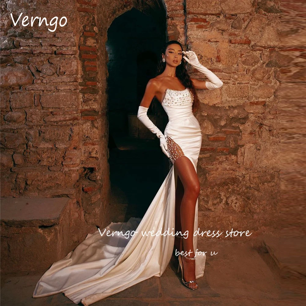 

Verngo Sexy Strapless Pearls Satin Mermaid Wedding Dresses Pearls Split Beach Bridal Gowns Women Long Formal Party Dress 2023