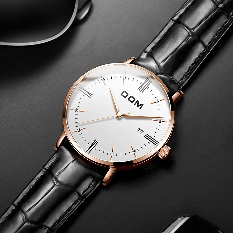 DOM Men's quartz watch Minimalism Steel band watch Waterproof Date Bussiness Watch Fashion Leather Strap Men's Watch M-1287