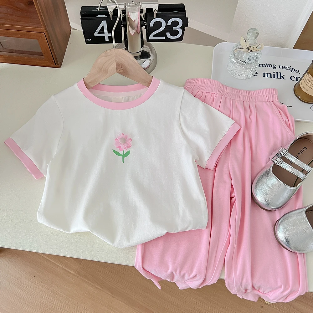 

Summer Casual Children Clothes Cute Flower Cotton T-shirts Girls Short Sleeve Tops+Loose Pants 2Pcs Kids Tracksuit 1-8Y