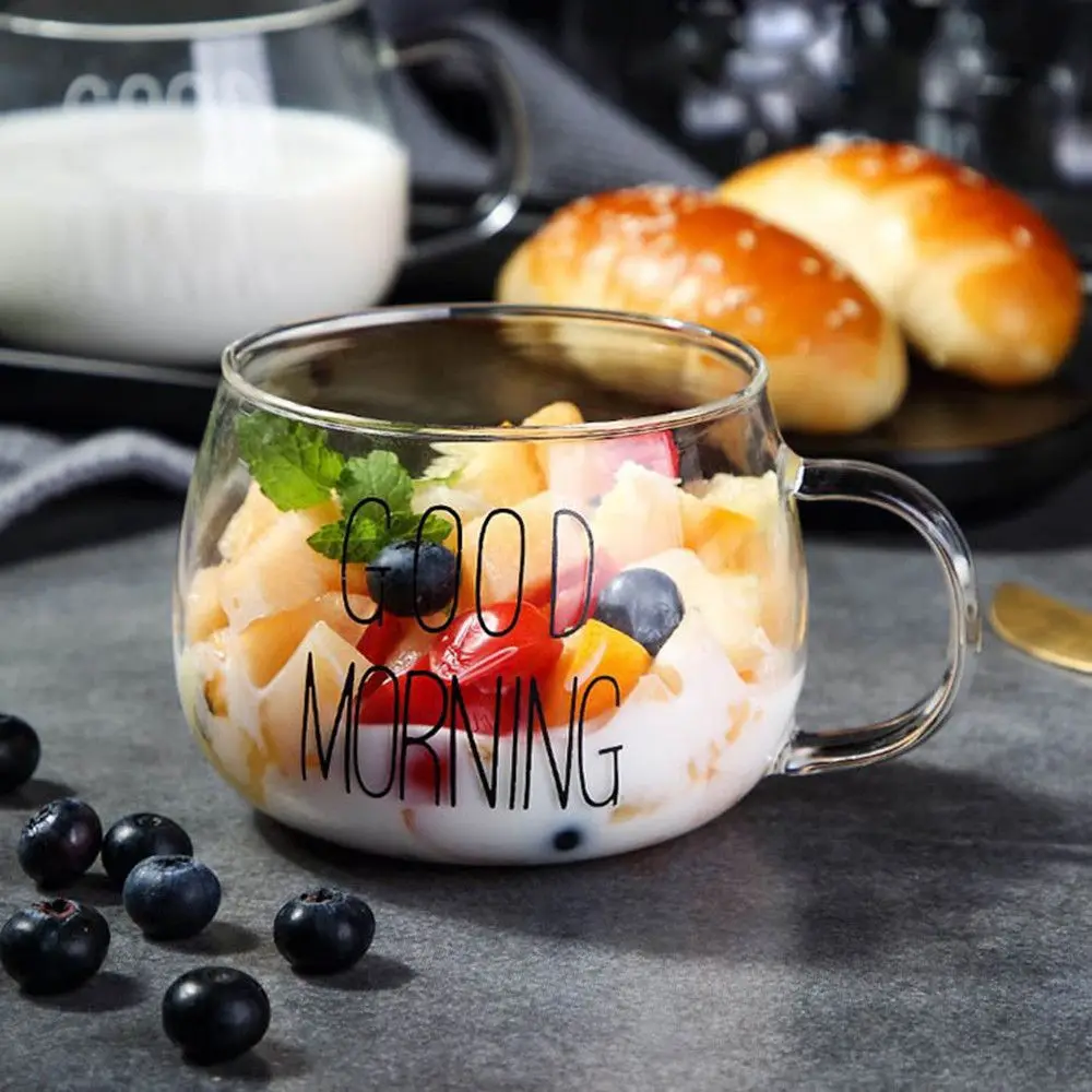 Description Picture 4 of item1Pc Round Transparent Glass Clear Mug Cup Milk Coffee Glass Letter Printing Drinkware With Handle For Tea Juice Breakfast