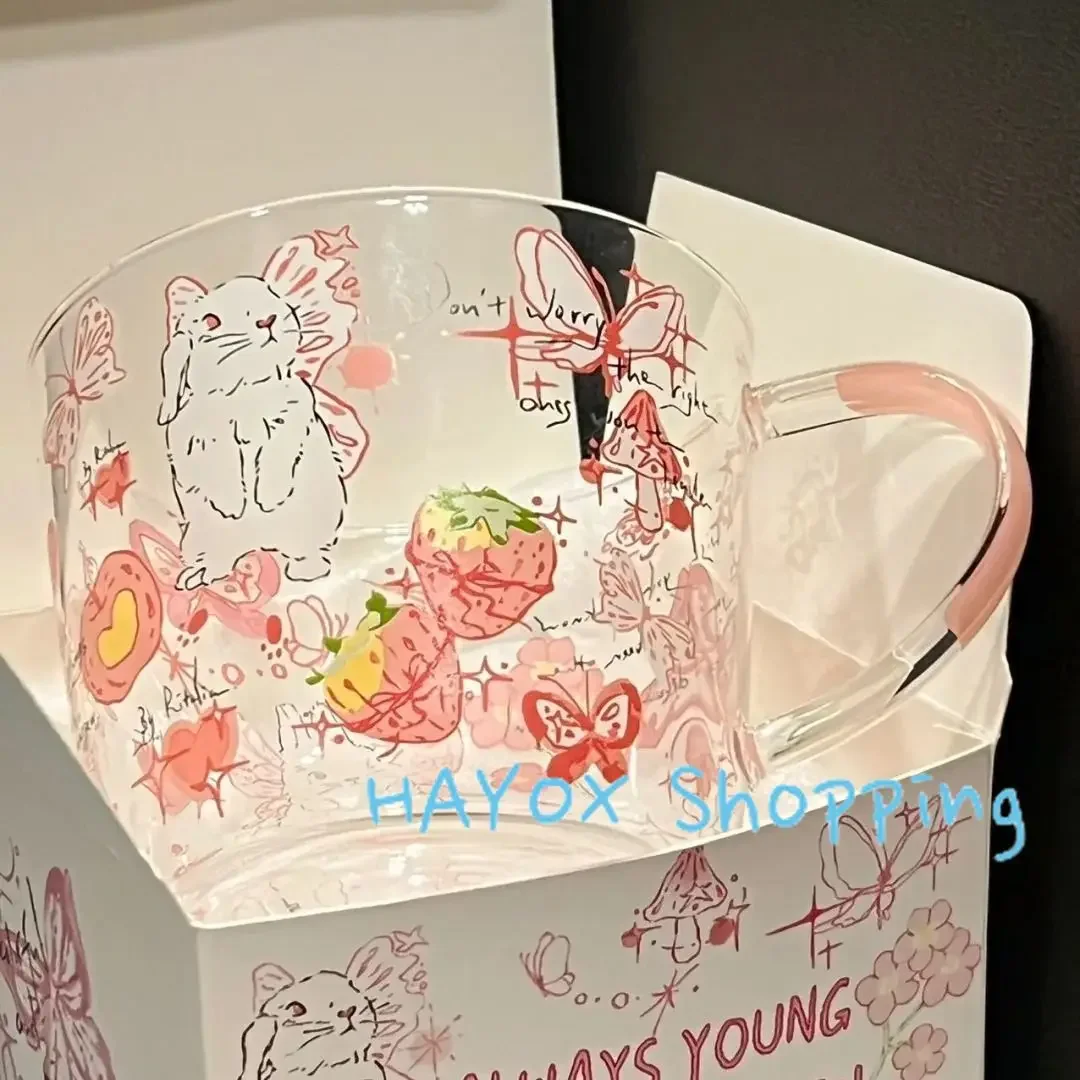 Cartoon Butterfly Rabbit Printing Glass Cup，Borosilicate Glass Heat-resistant Household，Breakfast Cup with Handle Drinking Mug
