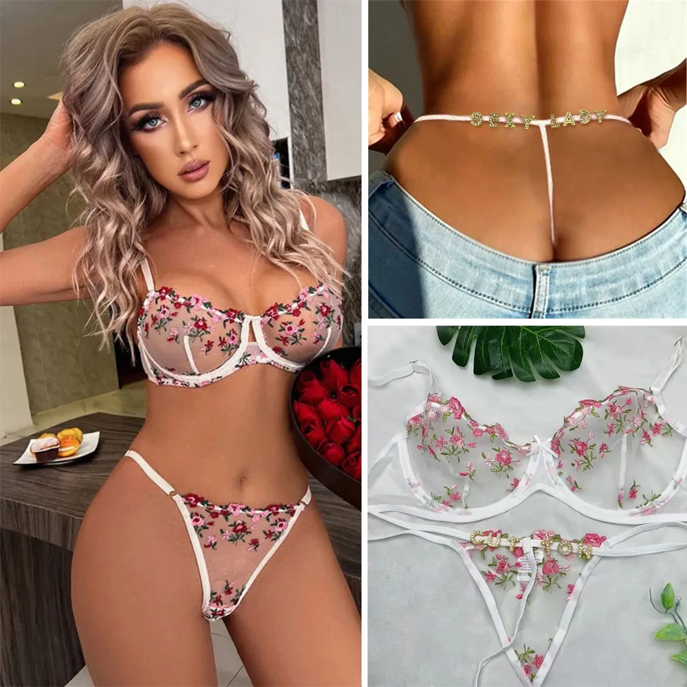 

Women Personalized Underwear with Letter Name G-string Floral Thong Trasparent Bra Panties Lingerie Sexy Body Jewelry Lover Gift