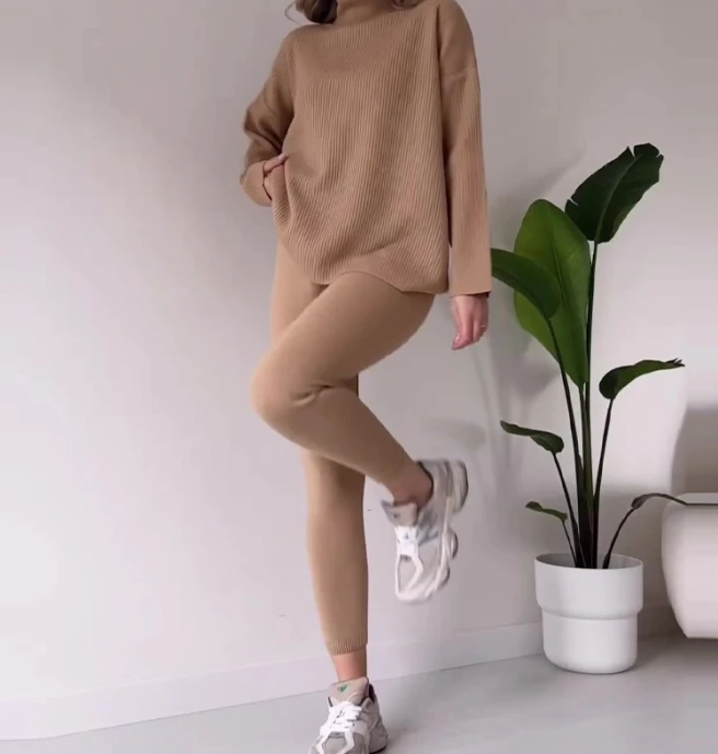 Two Pieces of Casual Women Outfits 2023 Winter New Solid Color Fashion Minimalist High Necked Long Sleeved Base Knit Sweater Set this sweater is contrast color very versatile and suitable as a base layer