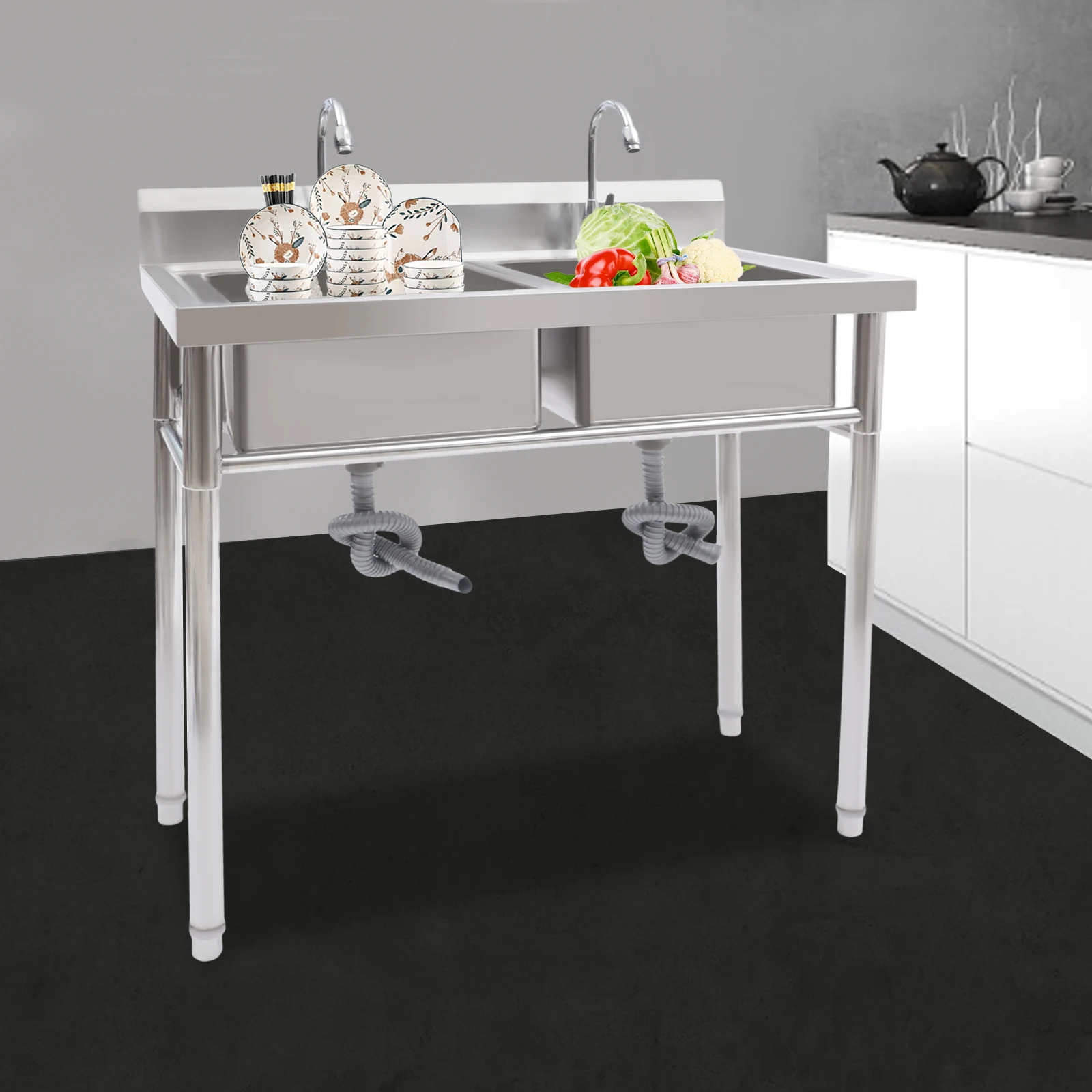 Commercial Stainless Steel Sink 2 Compartment Free Standing Utility Sink for Garage Restaurant