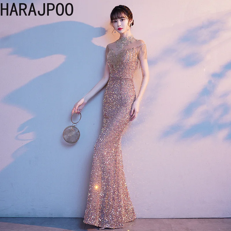 

Harajpoo Evening Dress Women 2024 New Banquet Style Light Luxury Elegant Dignified Atmospheric Sequin Fish Tail Host Vestidos