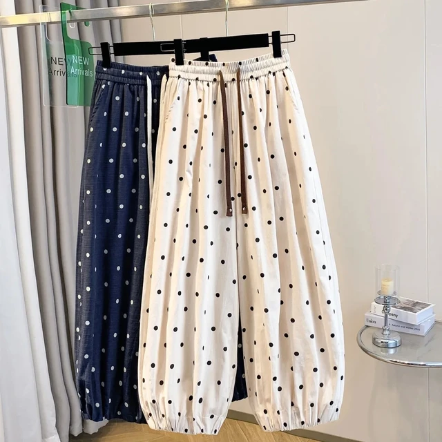 2026 summer cotton linen polka dot trousers Women's Loose Wide leg versatile nine point Harem Pants Korean version Lantern Pants 3