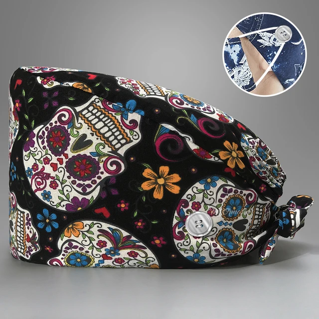 New Fashion Cotton Skull Cartoon Print Hat Adjustable Work Cap Beauty Salon Nursing Cap Male Surgical Hat Wholesale Scrub Caps 22198