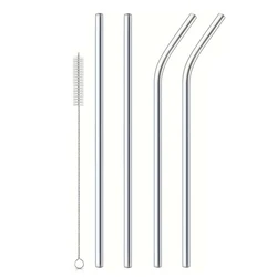 Set of 4 Reusable Stainless Steel Straws with Cleaning Brush (Silver)