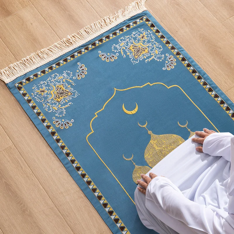 

Ковер для поклонения на колени коврик Рамадан синий ковер для поклонения Золотой Солнце Луна Вышивка арабский стиль маленькие ковры украшение для дома