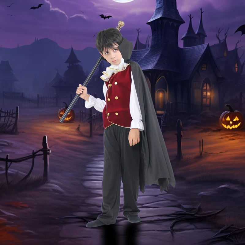 Boys Halloween Vampire Cosplay Costume for Men Kids Adults Carnival Party Outfit Costumes with False Teeth Walking Cane cosplay jumpsuit kids cosplay costume