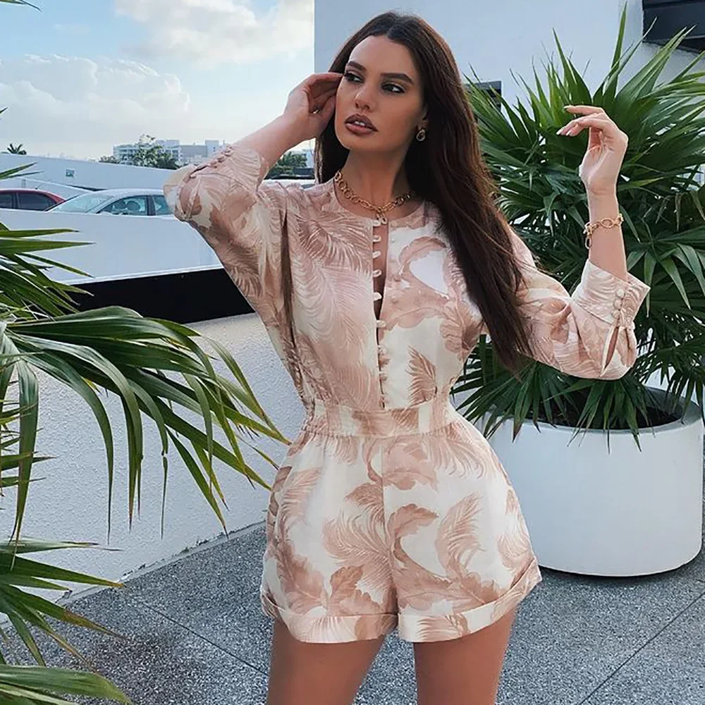 2021 Women Summer New Printed Sexy Deep V Slim Body High Waist Jumpsuit Female Half Sleeves Chic Playsuits European American