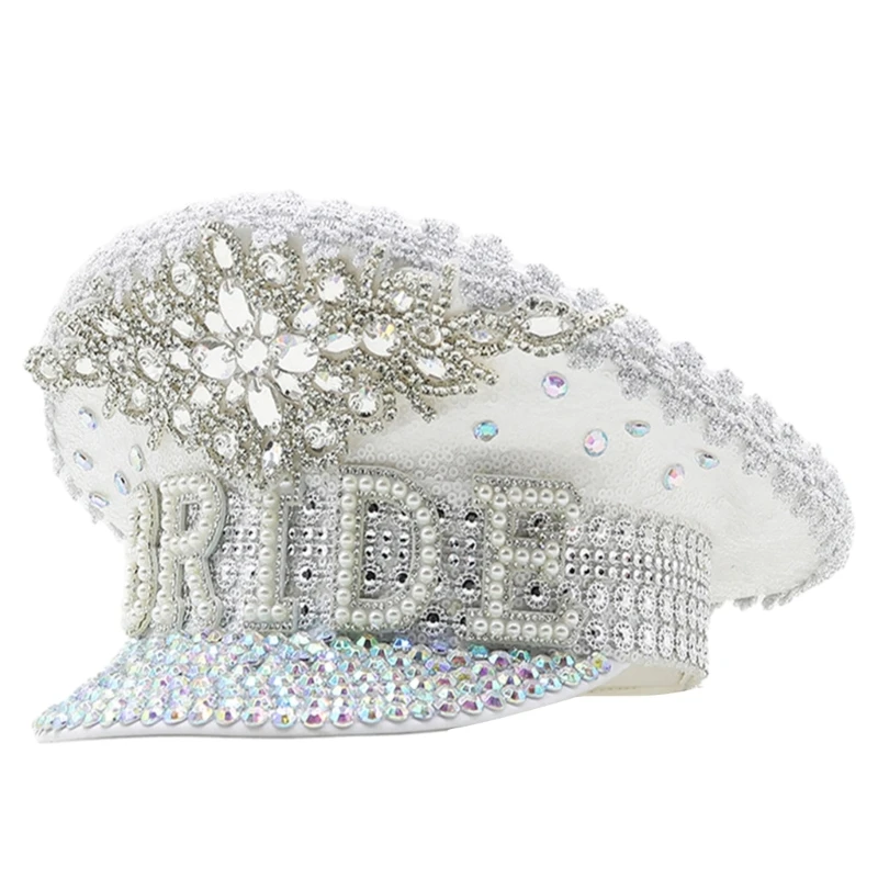 

Hand Beaded Sequins Captain Hat Shimmering Crystal Hat for Bride Wedding Props Encrusted Layers Pearls Bride Costume