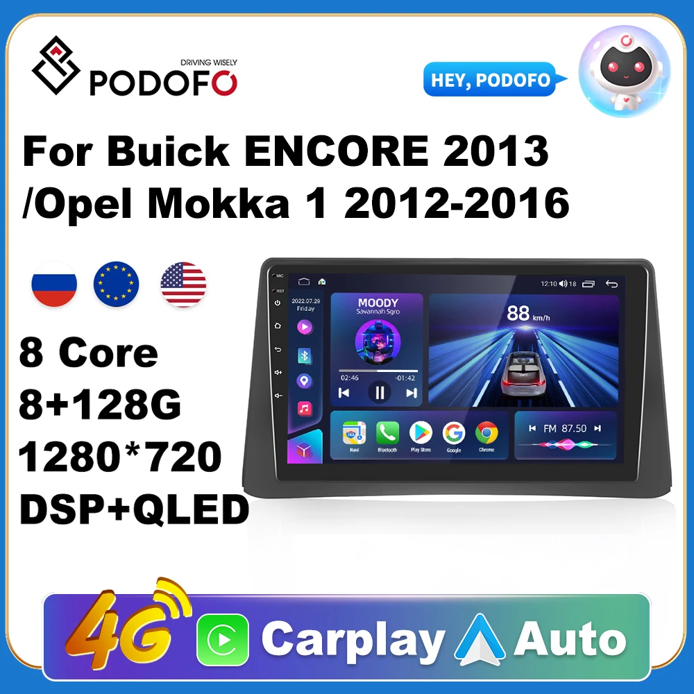

Podofo AI Voice Android Carplay Car Radio For Buick ENCORE 2013/Opel Mokka 1 2012-2016 2din Android Auto 4G Multimedia GPS Navi