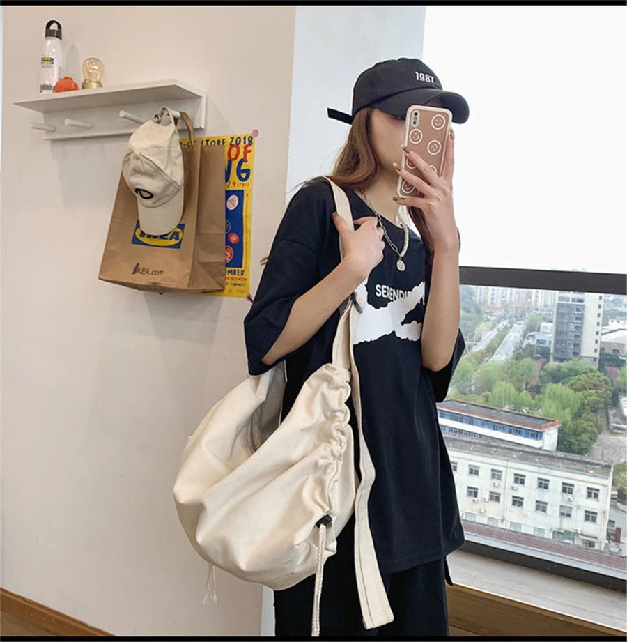 

Women High-capacity Shoulder Bag Canvas Students School Package Girls Ins Fashion Cross-body Portable Traveling Shopping