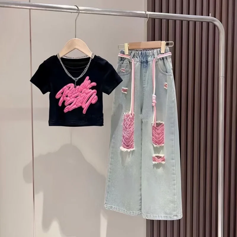 Children's 3D Graffiti Short Sleeve + Colorful Denim Ripped Pants Set Children's Suit Girls' Set kids clothing set,girls clothing set