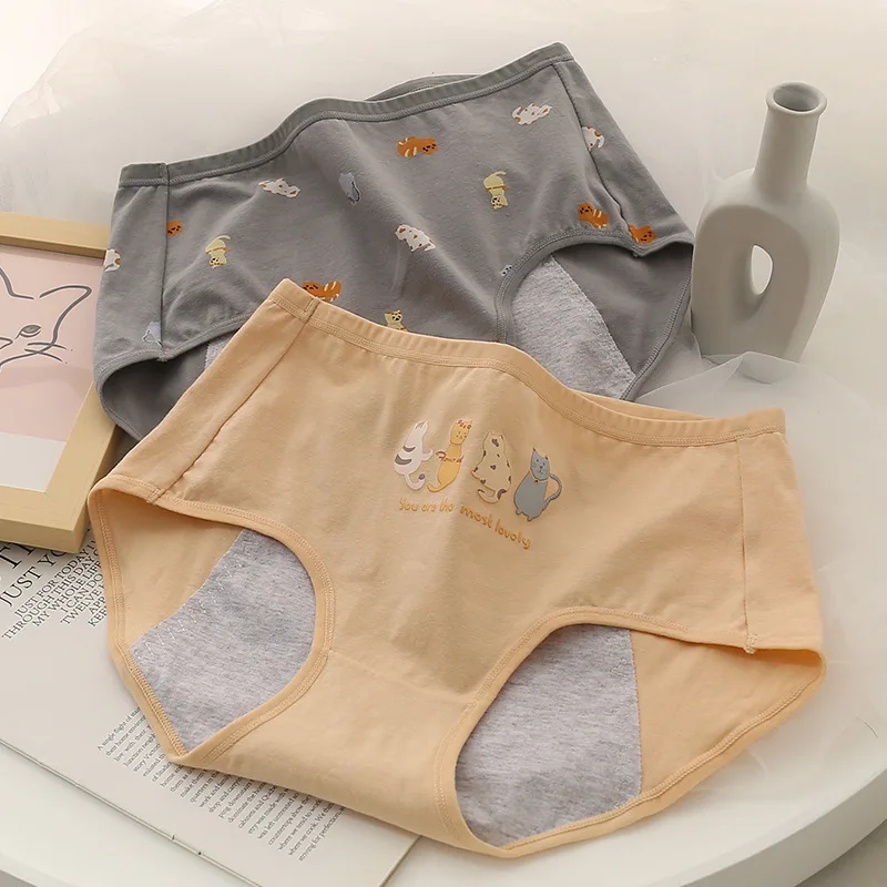 3pcs Cute Cat Print  Girls Menstrual Panties For Teenager Physiological Pants Period Cotton Underwear Culotte Menstruelle