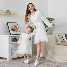 

Family Set Spring Mother Daughter Matching Dresses Long Sleeve Mommy and Me Clothes Fashion Mom Baby Women & Girls Mesh Dress