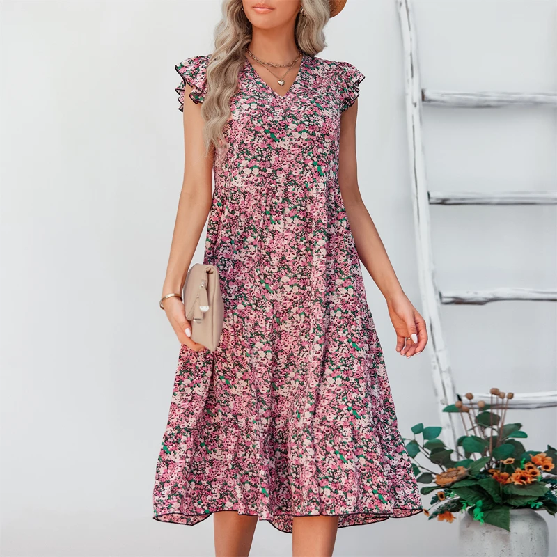 

New Women Summer Beach Floral Dress Boho Chiffon Mid-calf Length Ruffles Wrap Casual Daily Fashion V-Neck Chic Flowers Dress