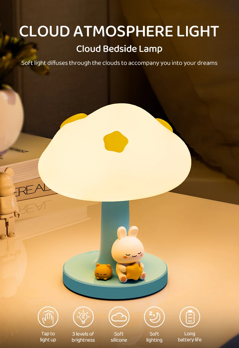 Description Picture 2 of itemCute Night Light Rabbit Charging Silicone Lamps Touch Lamps 3 Light Modes Christmas Birthday Gift Cartoon Animal Room Decoration