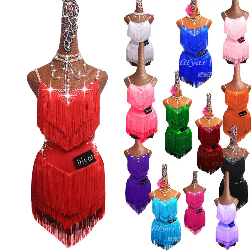 Latin Dance Dress Competition Costumes Skirt Performing Rhinestones Adult...