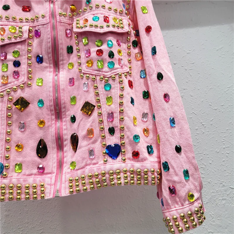 Heavy Industry Design Rivet Denim Coat Women's 2024 Autumn New Loose Slimming and All-Matching Diamond-Embedded Long-Sleeved Top