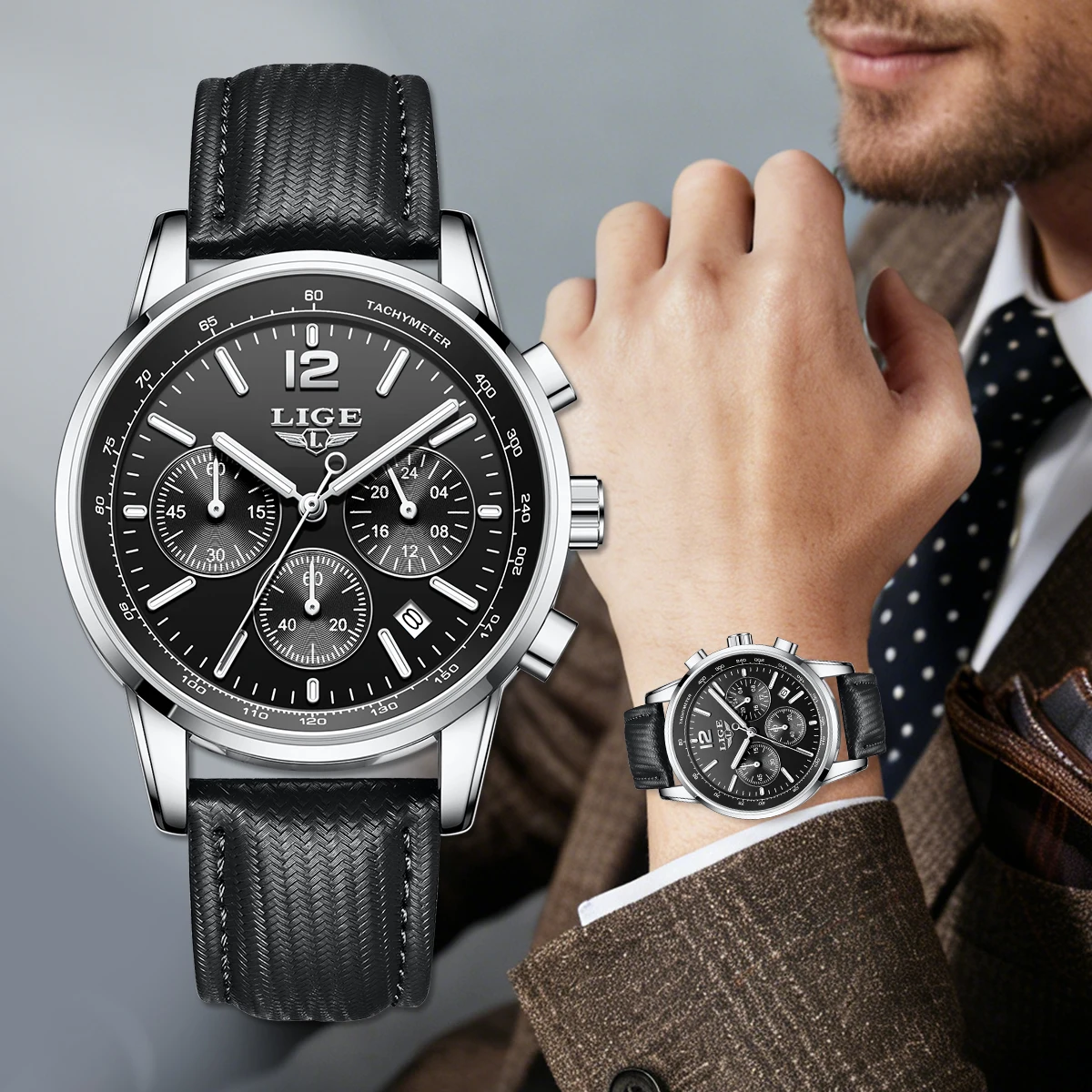 Luxury Men's Leather Watch - LIGE Chronograph Sport Waterproof with Gift Box