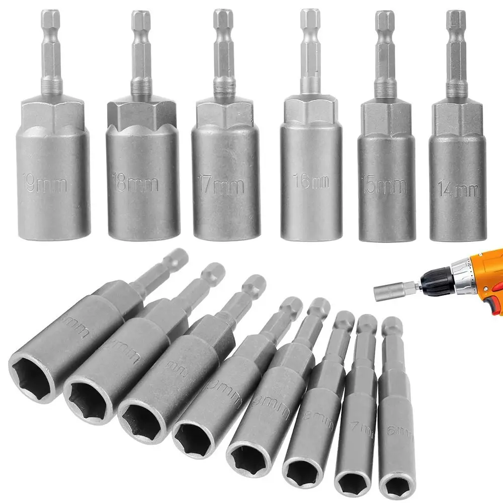 Electric Impact Socket Magnetic Nut Screwdriver 80mm Length 1/4" Hex Key Drill Bit Adapter Drive Socket Pneumatic Tool 5.5-19mm