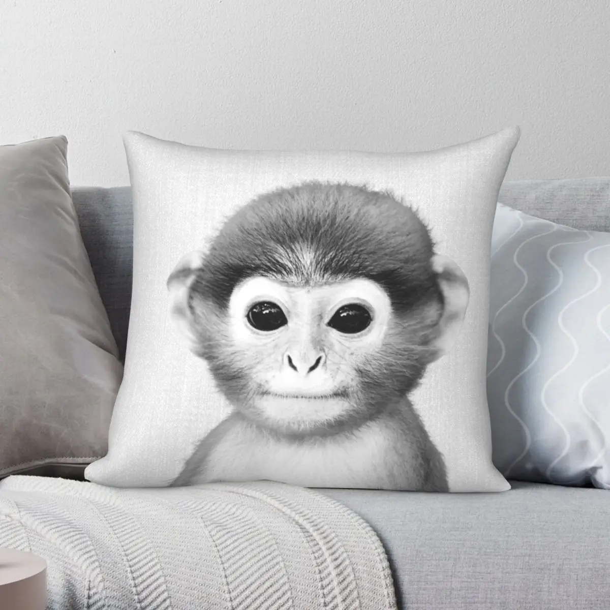 

Baby Monkey Black White Square Pillowcase Polyester Linen Velvet Creative Zip Decor Throw Pillow Case Home Cushion Cover 18"